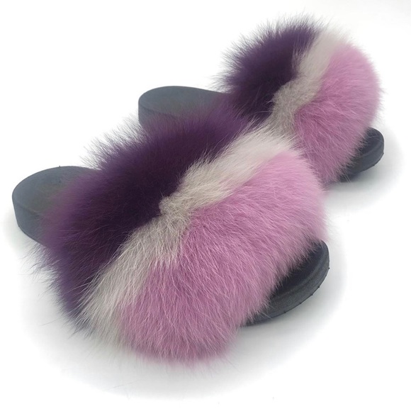 Shoes - Grape fox fur slides